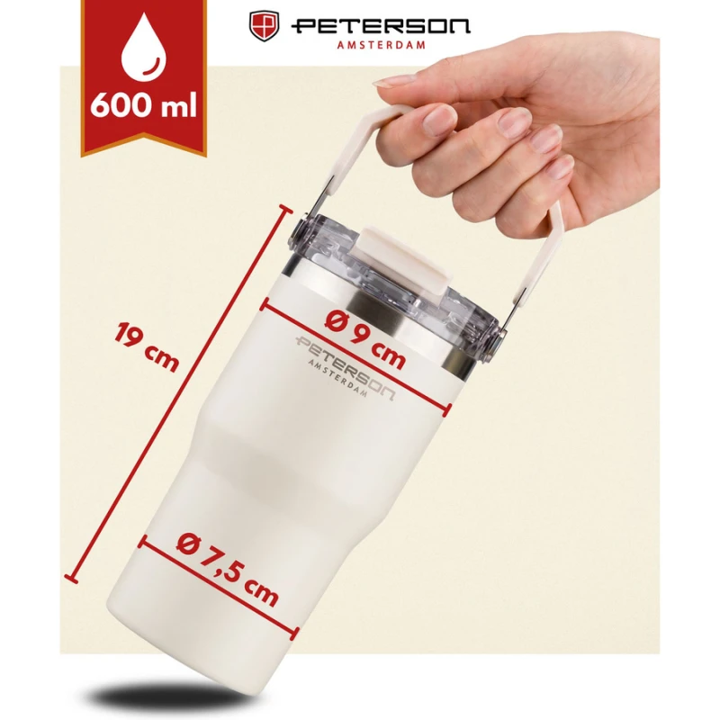 Kubek termiczny 600 ml Peterson ecru z uchwytem - stal nierdzewna