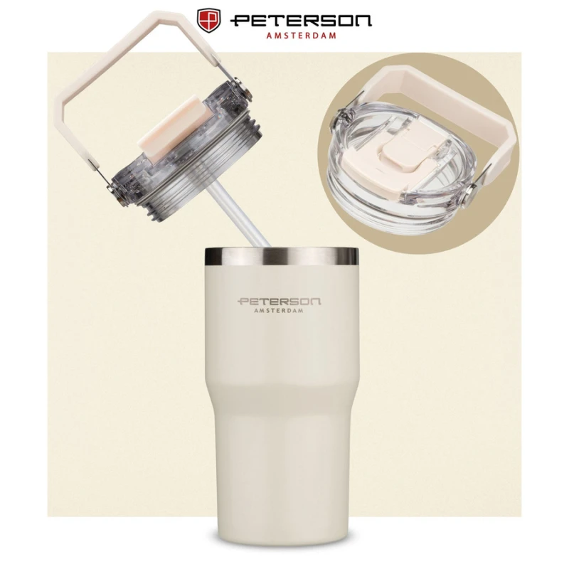 Kubek termiczny 600 ml Peterson ecru z uchwytem - stal nierdzewna