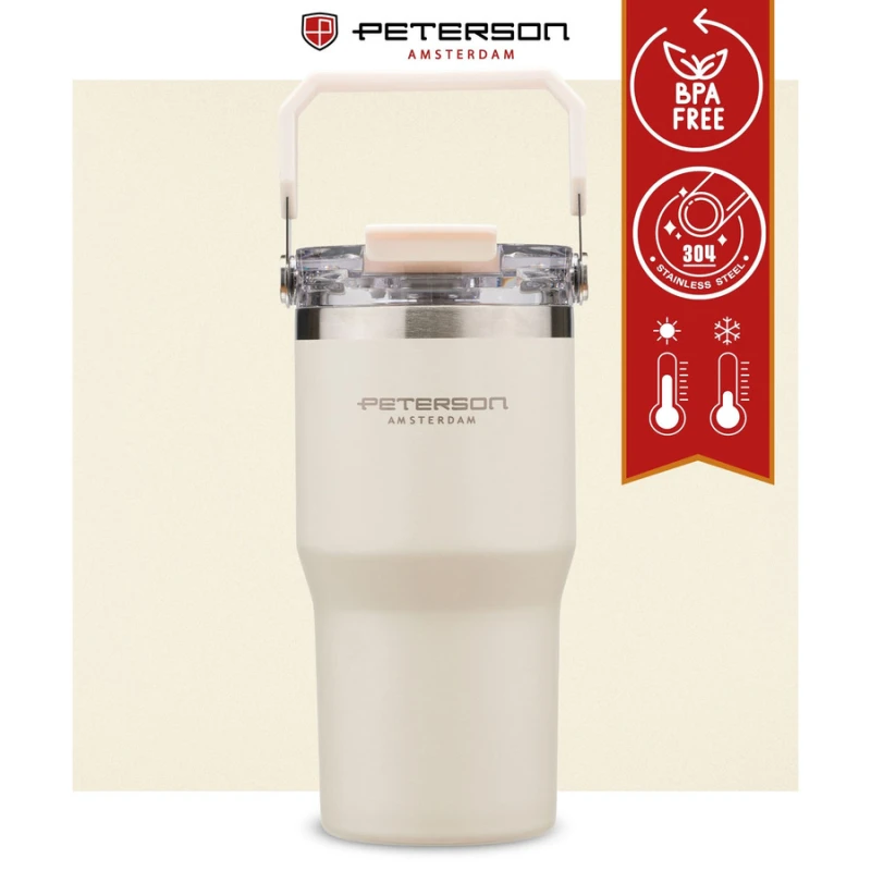 Kubek termiczny 600 ml Peterson ecru z uchwytem - stal nierdzewna