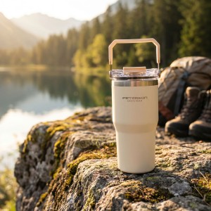 Kubek termiczny 600 ml Peterson ecru z uchwytem - stal nierdzewna