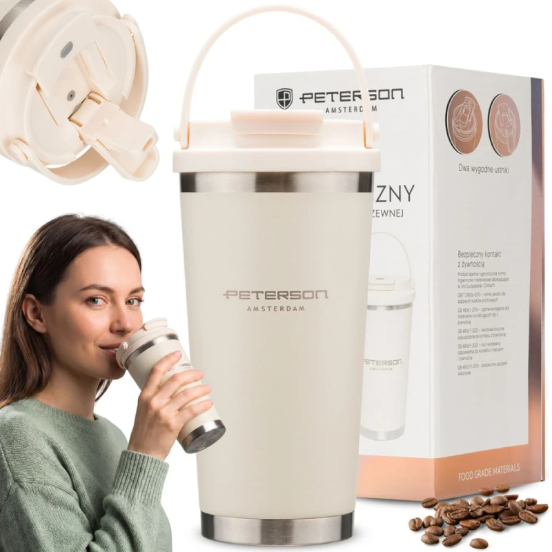 Kubek termiczny Peterson 560 ml ecru z uchwytem - stal nierdzewna
