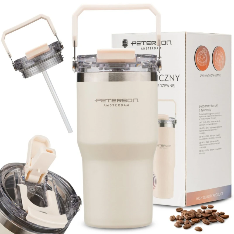 Kubek termiczny 600 ml Peterson ecru z uchwytem - stal nierdzewna