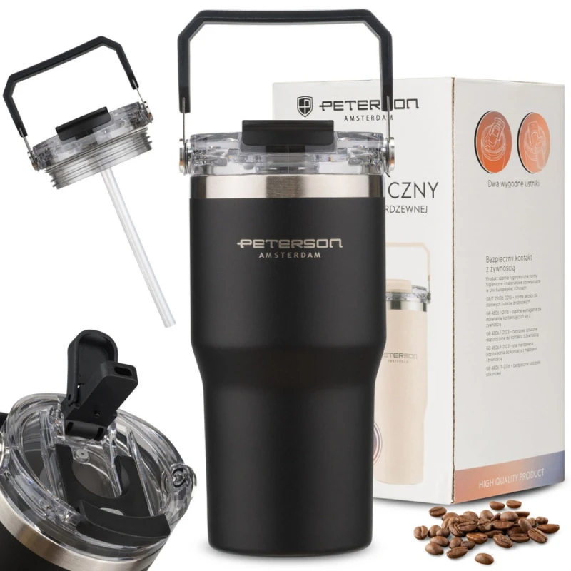Kubek termiczny Peterson 600 ml z uchwytem - stal nierdzewna, czarny