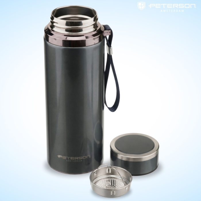 Termos stalowy 750 ml z sitkiem Peterson - szary, uchwyt na nadgarstek
