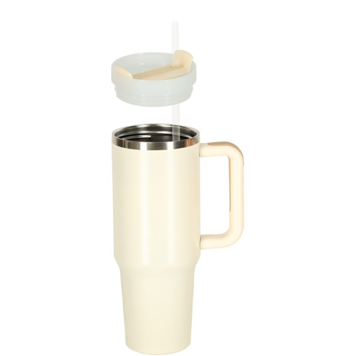 Kubek termiczny 1200 ml ze słomką i uchwytem kremowy